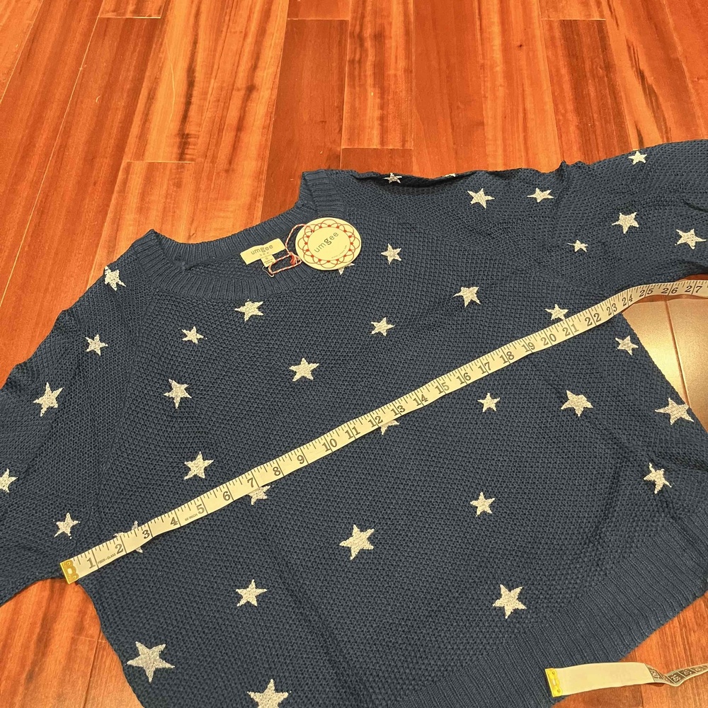 Umgee Star Print Sweater Peacock Navy Blue Long Sleeve Textured Knit New‎ Small - Picture 5 of 8